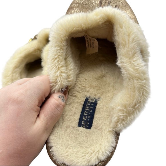 Sperry Rare Top Sider Gold Glitter Fur Trim Leather Slip On Comfy Clog Slippers - Picture 12 of 14
